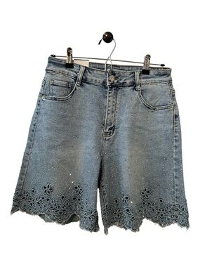 NWT Nina Rossi Rhinestone Scalloped Floral Cutout Jean Shorts XL High Waist